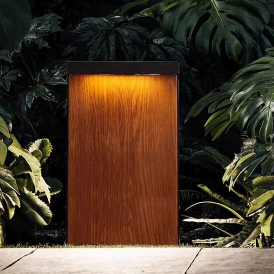 Minimalist Metal Rectangular Terrace Outdoor Lamp, Natural Wood