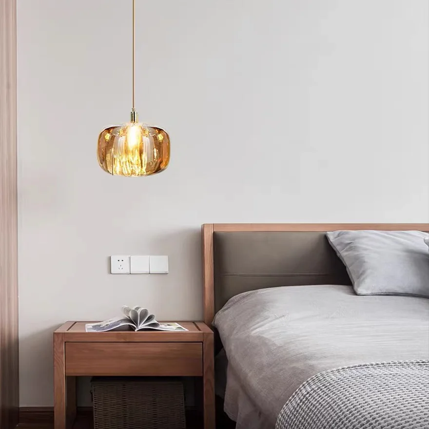 Modern Metal And Glass Geometric Bedroom Pendant Light, Amber