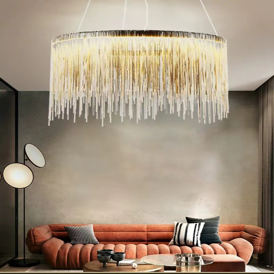 Royal Metal Tassel Living Room Chandelier Pendant Light, Gold, Trichromatic Light