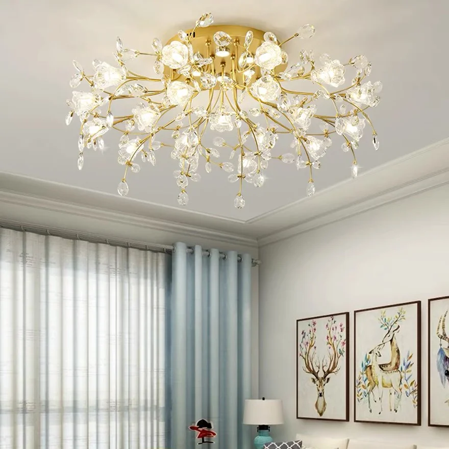 Decorative Metal And Glass Dendritic Living Room Ceiling Light, Gold, Trichromatic Light