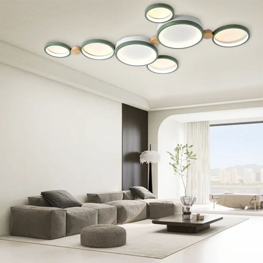 Contemporary Metal And Wooden Round Living Room Ceiling Light, Green/Grey/White