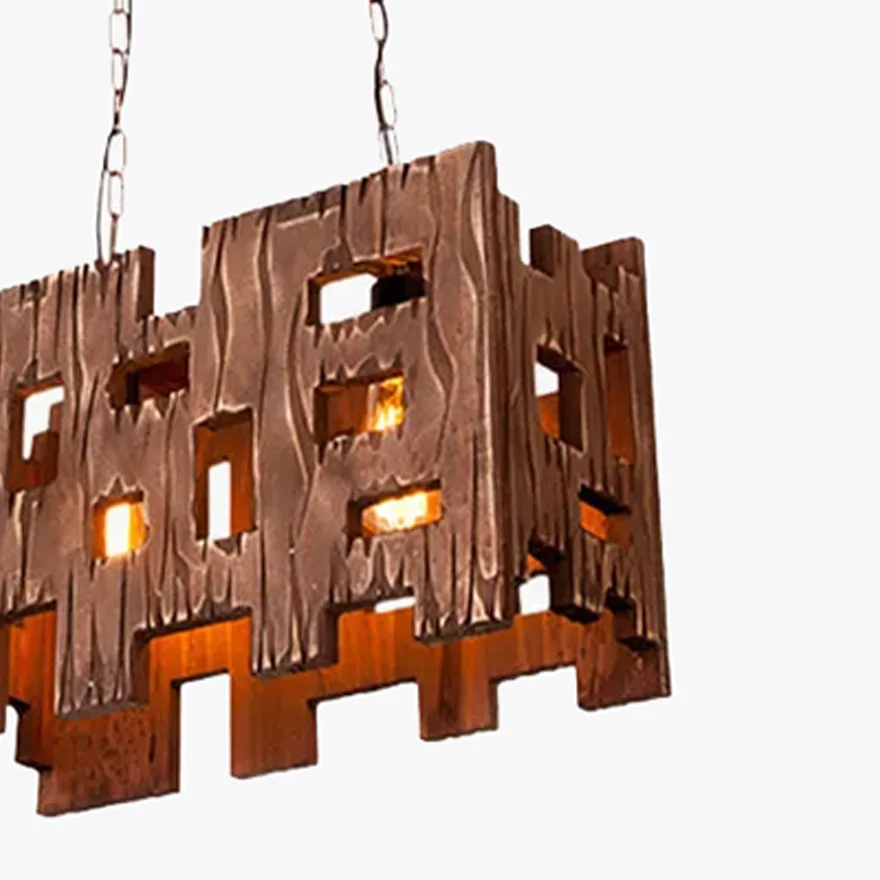 Vintage Metal And Wooden Rectangular Dining Room Pendant Light, Walnut