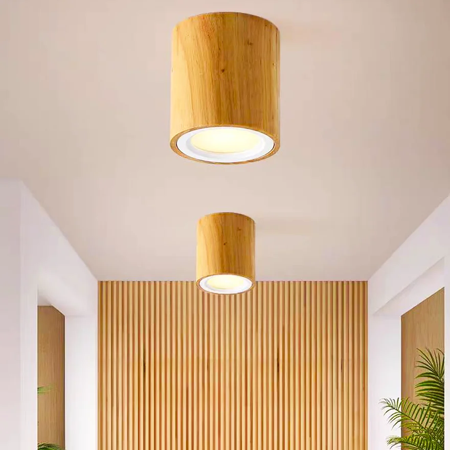 Natural Wooden And Acrylic Cylinder Balcony Ceiling Light, Natural Wood