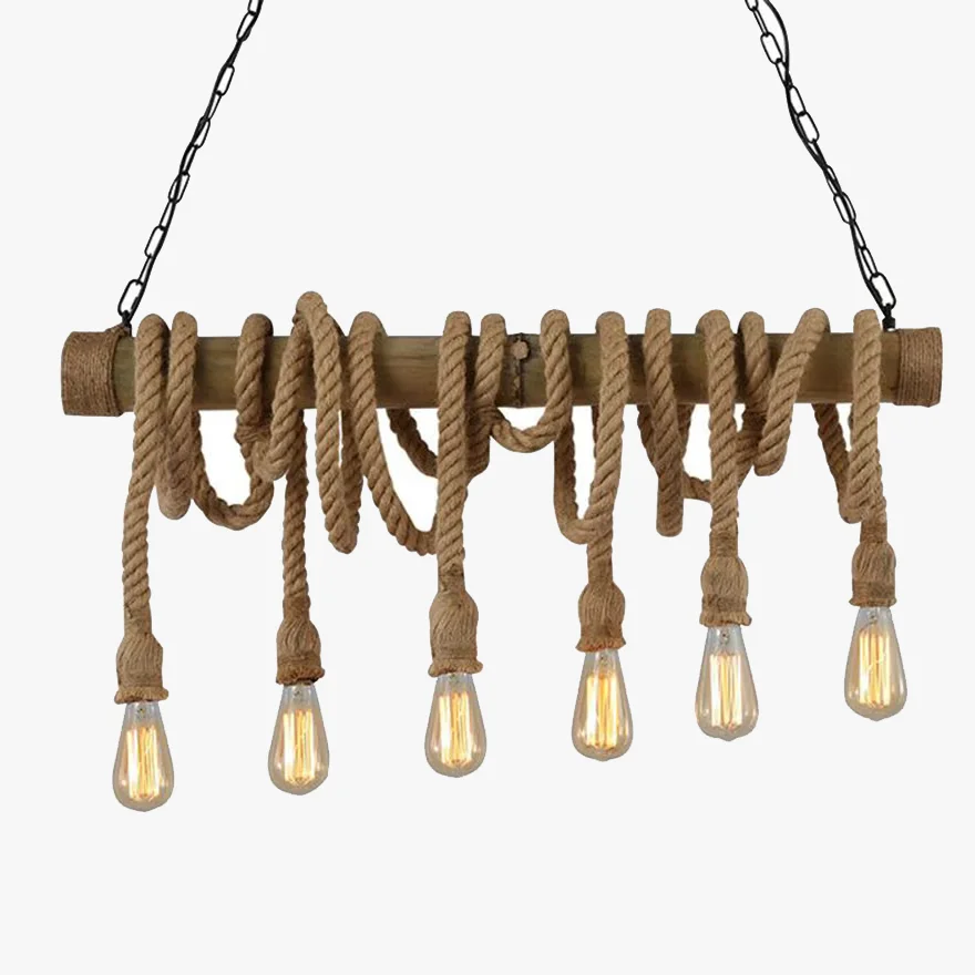 Rustic Hemp Rope And Metal  Strip Dining Room Pendant Light, Log Color