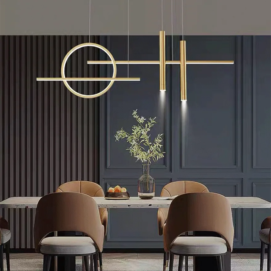 Minimalist Metal Linear Dining Room Pendant Light, Black/Gold, Trichromatic Light