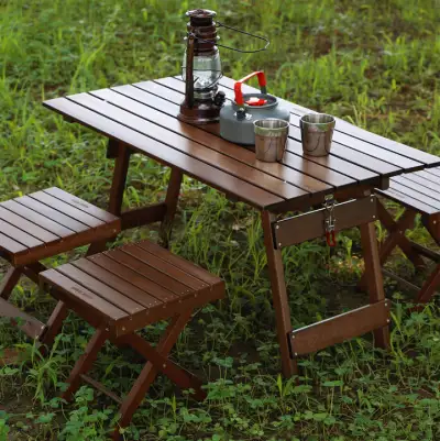 Outdoor Camping Folding Solid Wood Table With 4 Folding Chairs Set