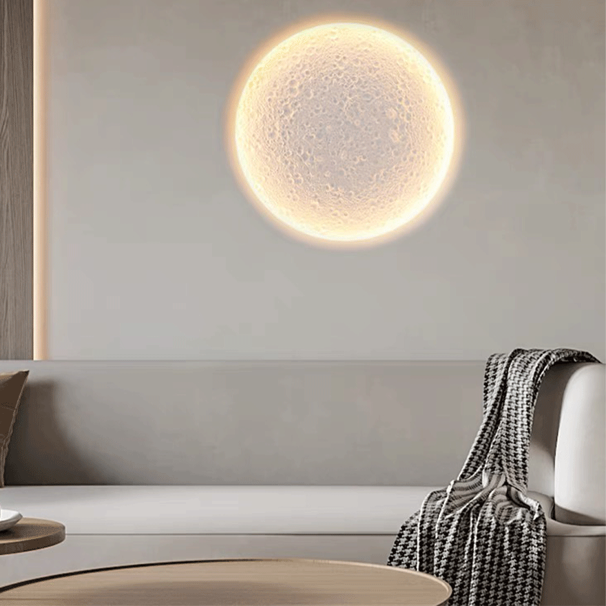 Designer Gypsum And Metal Moon Dining Room Wall Lamp, White, Trichromatic Light