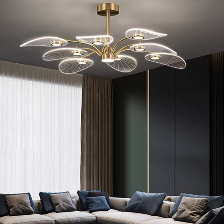 Modern Metal And Acrylic Bedroom Chandelier Pendant Light, Gold, Trichromatic Light