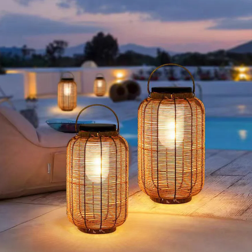 Natural Metal And Imitation Rattan Courtyard Outdoor Floor Light, Natural Wood