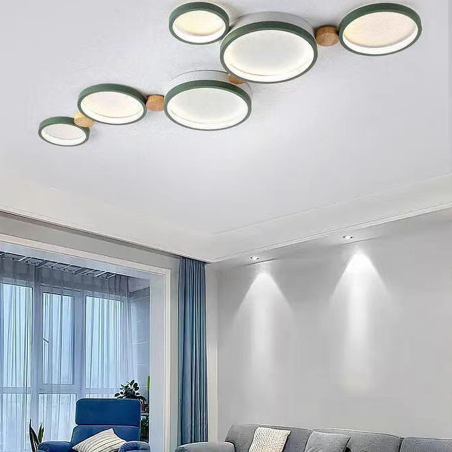 Contemporary Metal And Wooden Round Living Room Ceiling Light, Green/Grey/White