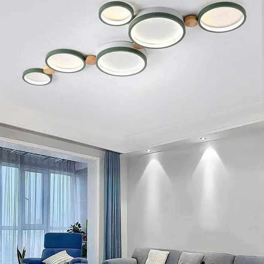 Contemporary Metal And Wooden Round Living Room Ceiling Light, Green/Grey/White