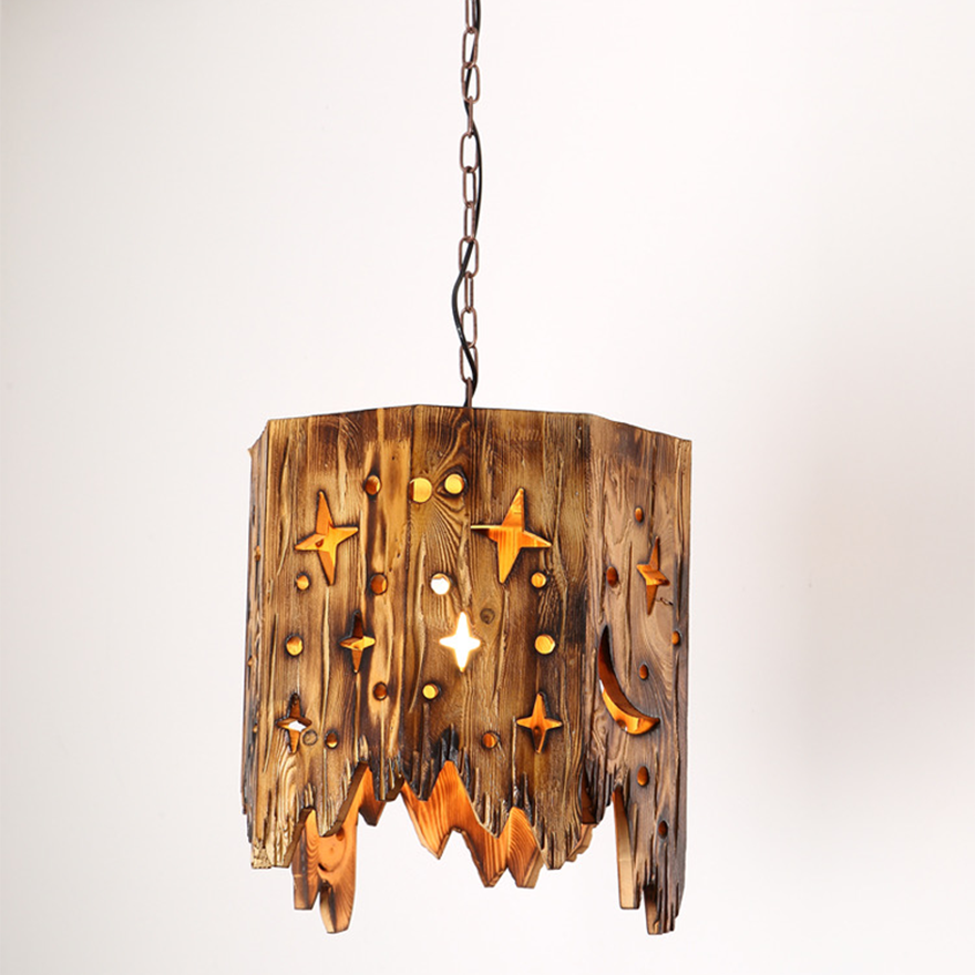 Retro Metal And Wooden Starry Children's Room Pendant Light, Natural Wood