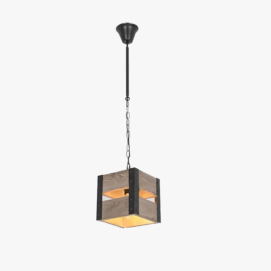 Natural Metal And Wooden Square Bedroom Pendant Light, Brown/Natural Wood