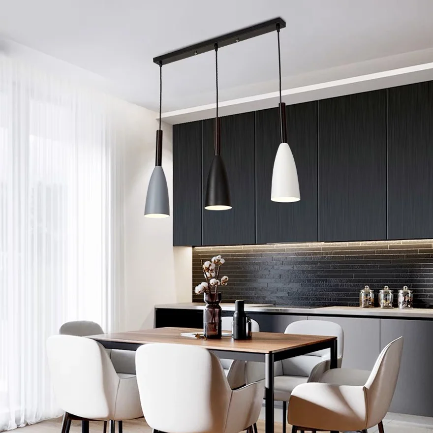 Nordic Metal And Wood Conical Kitchen Pendant Light, Black/White/Gray/Mix