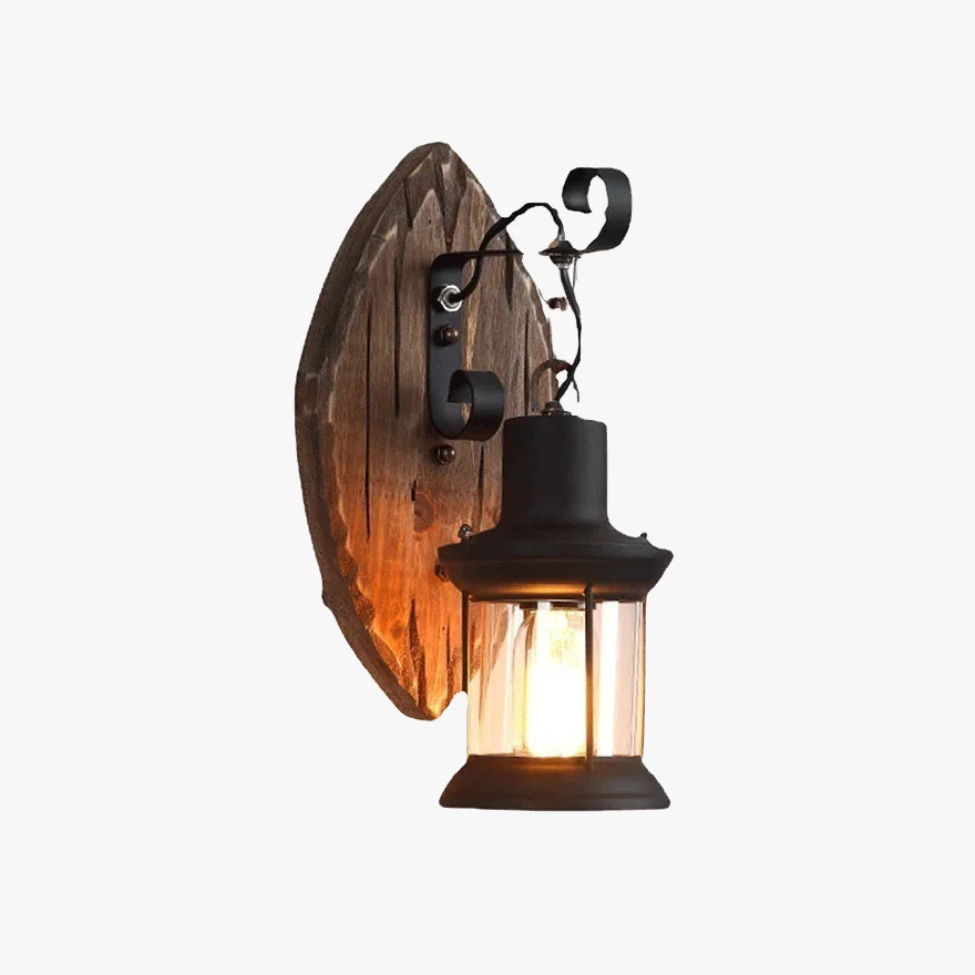 Industrial Metal And Wooden Leaf Lantern Bedside Wall Lamp, Black