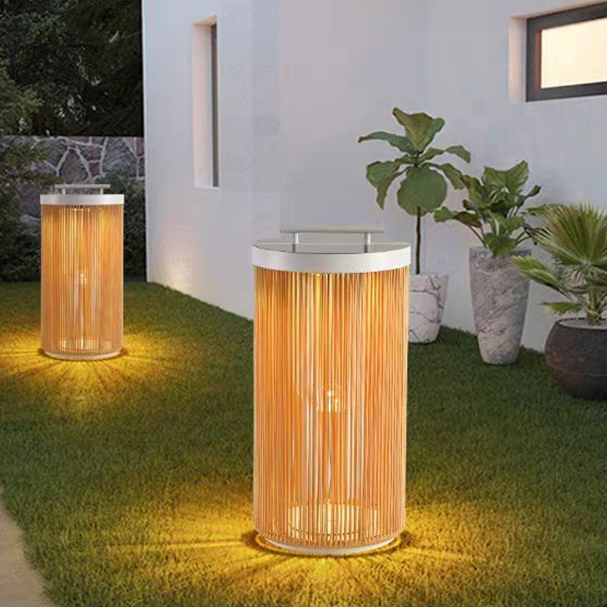 Rustic Metal And Rattan Cylindrical Outdoor Floor Lamp, Log Color