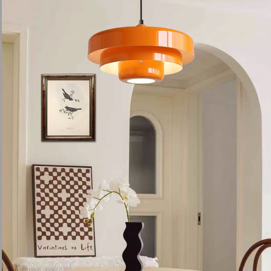 Morandi Metal Frisbee Living Room Pendant Light, Green/Orange/White, Trichromatic Light