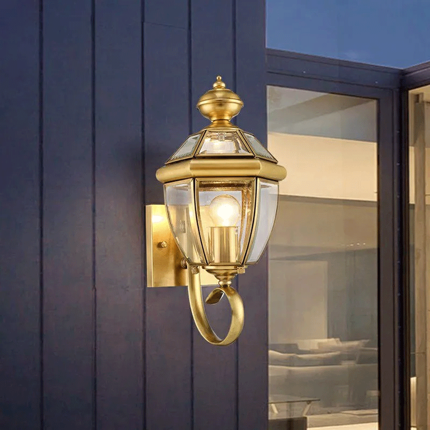 Designer  Metal And Glass Lantern Outdoor Wall Lamp, Gold