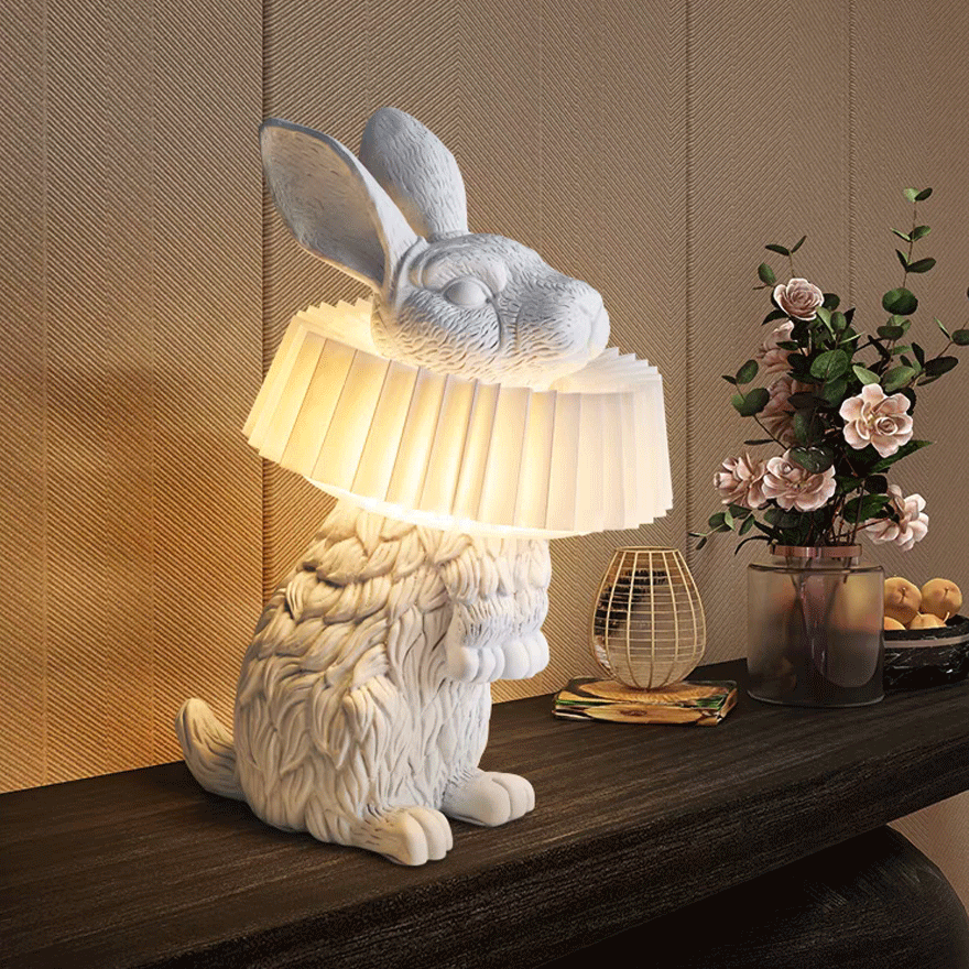 Art Deco Resin Rabbit Children's Room Table Lamp, White | Liiffy