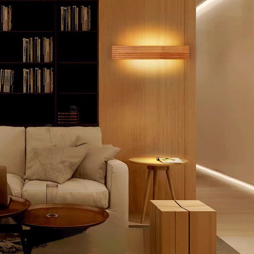 Natural Wooden And Acrylic Rectangular Living Room Wall Lamp, Natural Wood